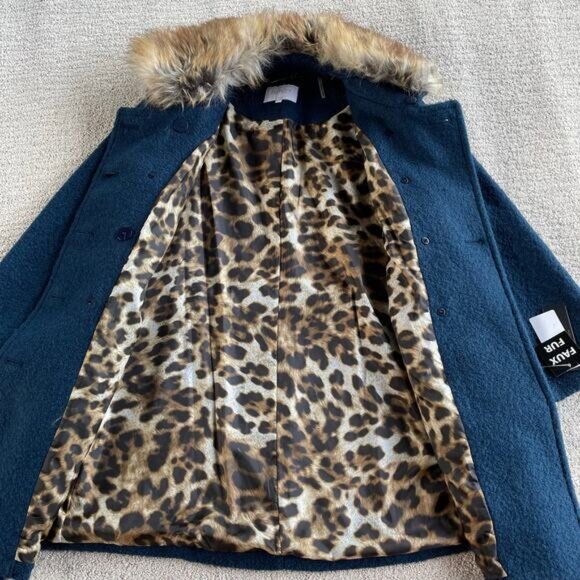 🔥NWT Laundry By Shelli Segal Wool Blend Double Breasted Faux Fur Collar Teal - Picture 5 of 13
